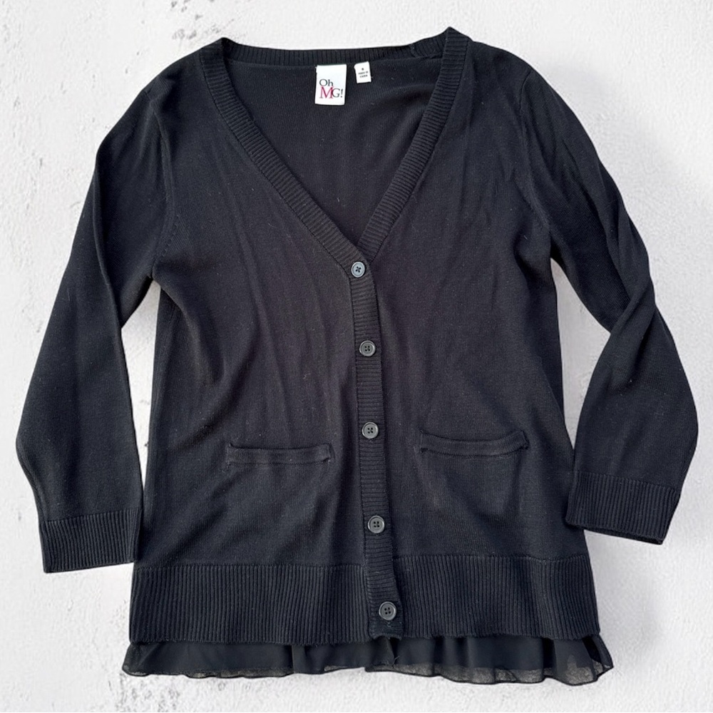 Oh MG! Black Button Front Cardigan with Chiffon Hem – Size Small